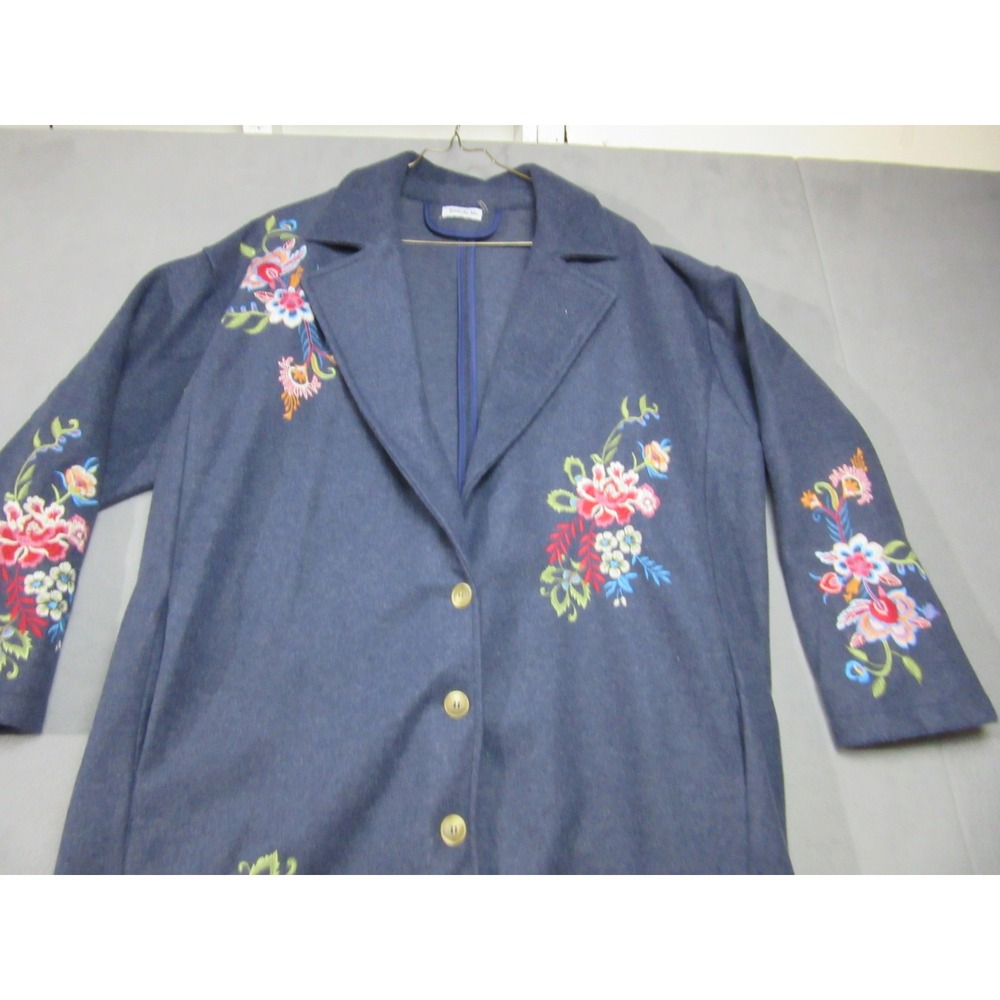 Trench Coat Jacket Women XL Blue Floral Vibrant Embroidered Longline Blazer - Picture 4 of 15